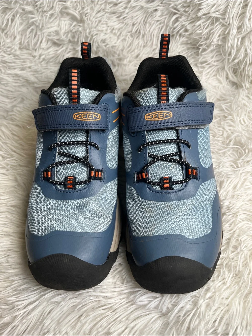 Keen Kids Light Blue and Navy Velcro Sneaker with Orange Accents